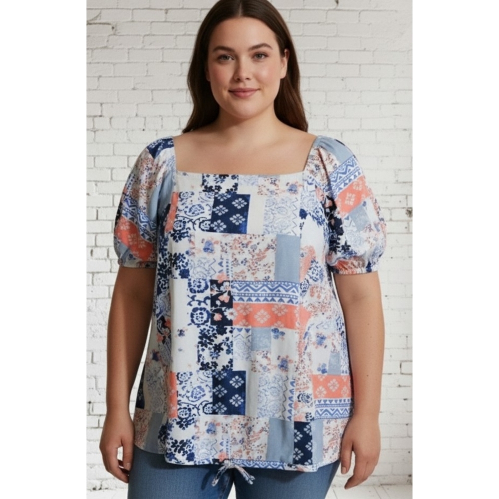Cato Patchwork Flutter sleeve Tie front Tee White Size 18/20W